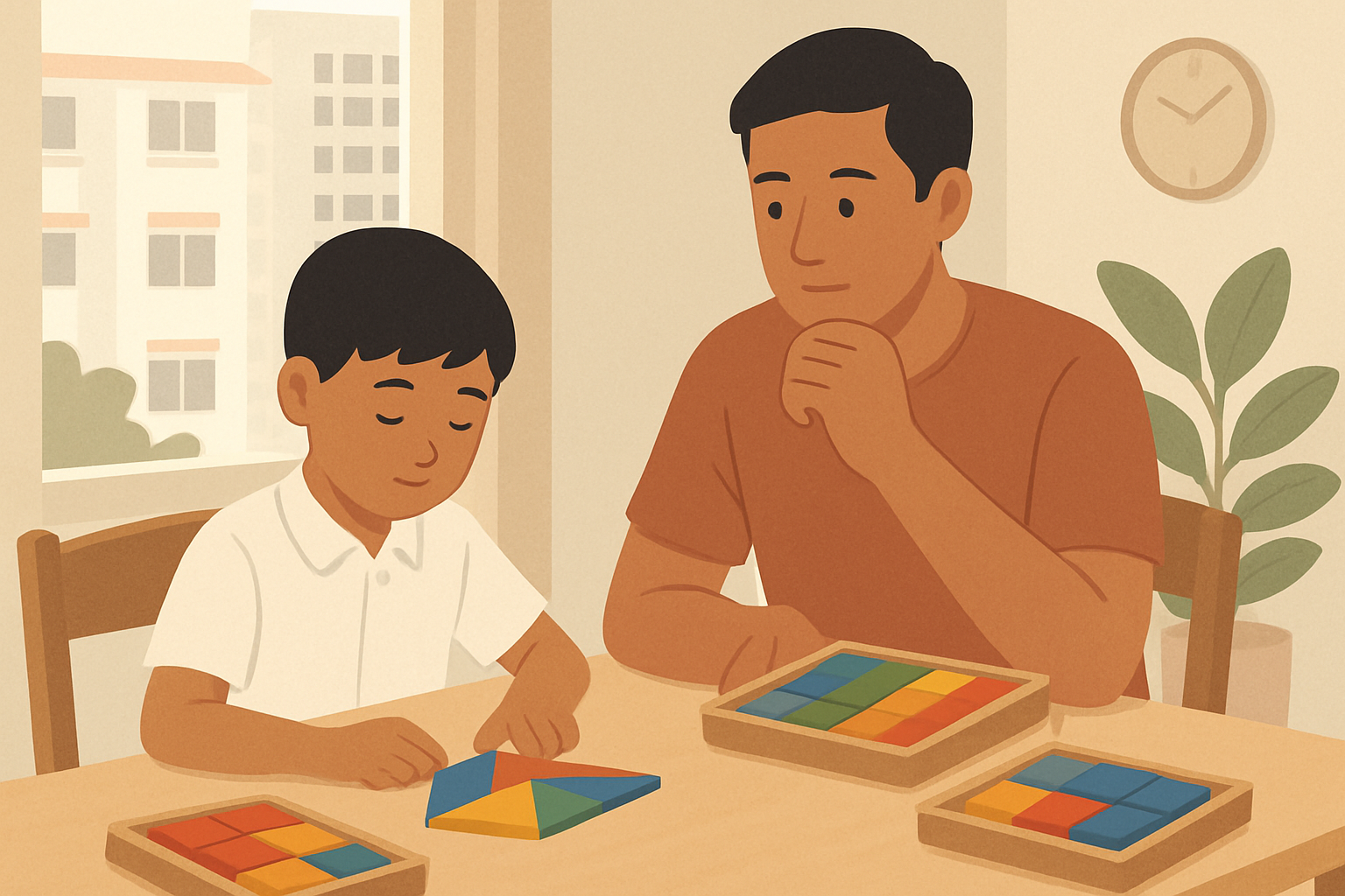 A parent and a primary school child sit at a bright home dining table in Singapore, with the child working on a geometric puzzle while the parent thoughtfully compares two simple sets of learning materials.