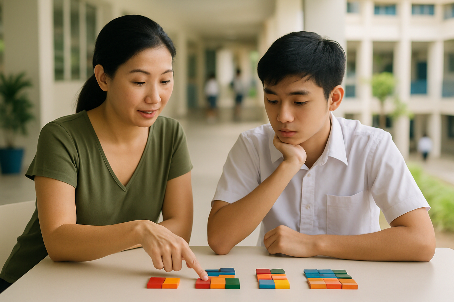 A parent and secondary school student in a Singapore school setting discussing subject options over color-coded tiles arranged in different combinations on a table.