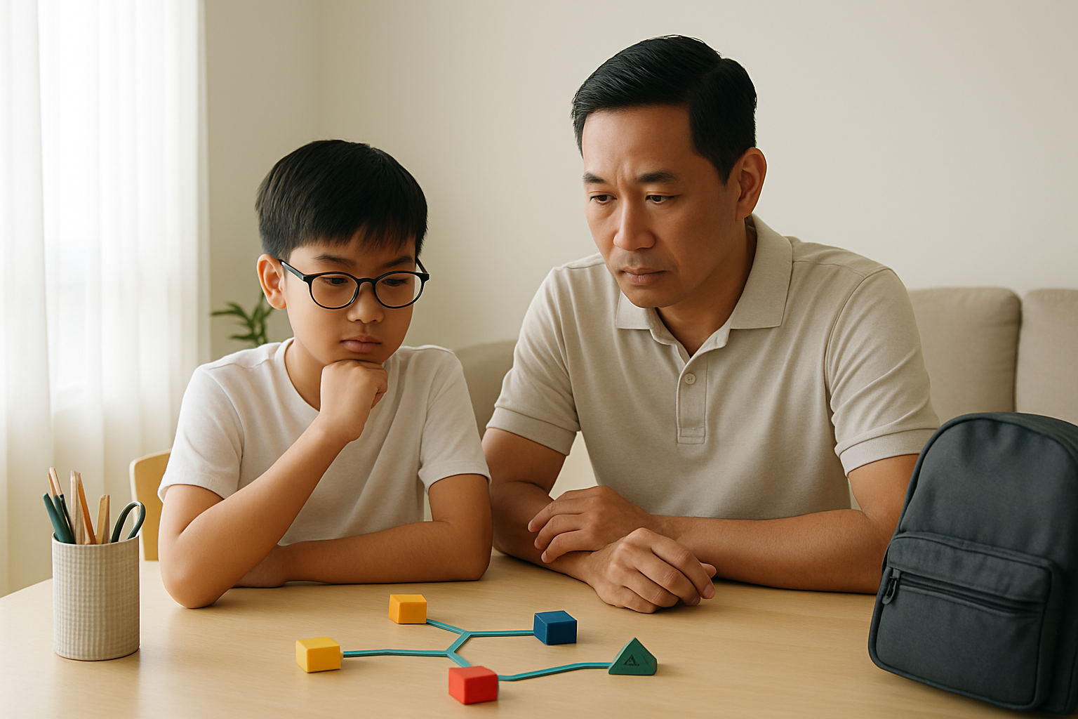 A Singapore parent and primary-school child sitting at a table at home, calmly discussing school options with simple learning materials nearby.