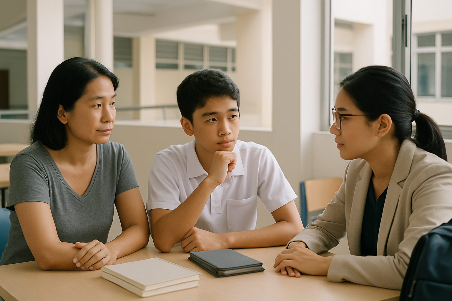A parent, secondary school student, and teacher sitting together in a calm school setting to discuss the student's subject progress