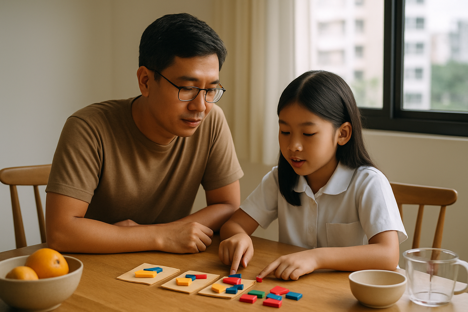 A Singapore parent and primary school child discussing a hands-on logic activity at a dining table in a bright home.