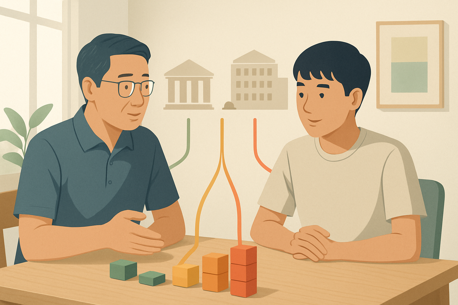 A Singapore parent and secondary school student comparing three subject-level options at a dining table, with branching paths leading toward different post-secondary school routes.