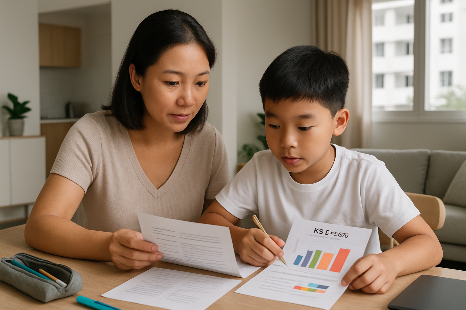 Parent and primary school child in Singapore reviewing a PSLE Achievement Level chart and secondary school options at home
