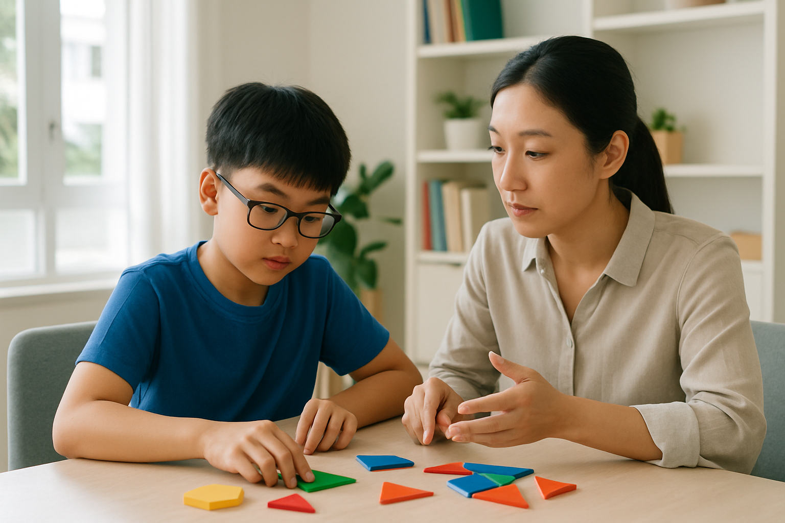 A primary school child and an adult in a bright Singapore study space discussing a geometric puzzle together at a table.