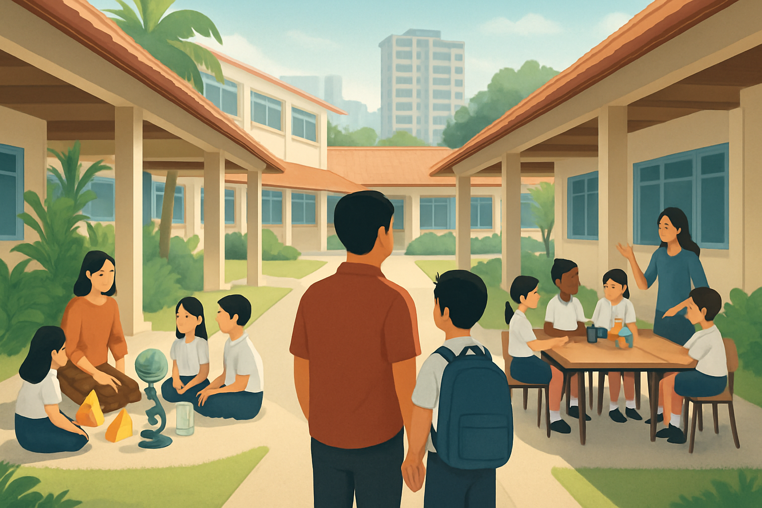 A parent and primary school child in a Singapore school courtyard looking toward two learning scenes, one a small seminar-style group and the other a classroom with richer in-school activities.