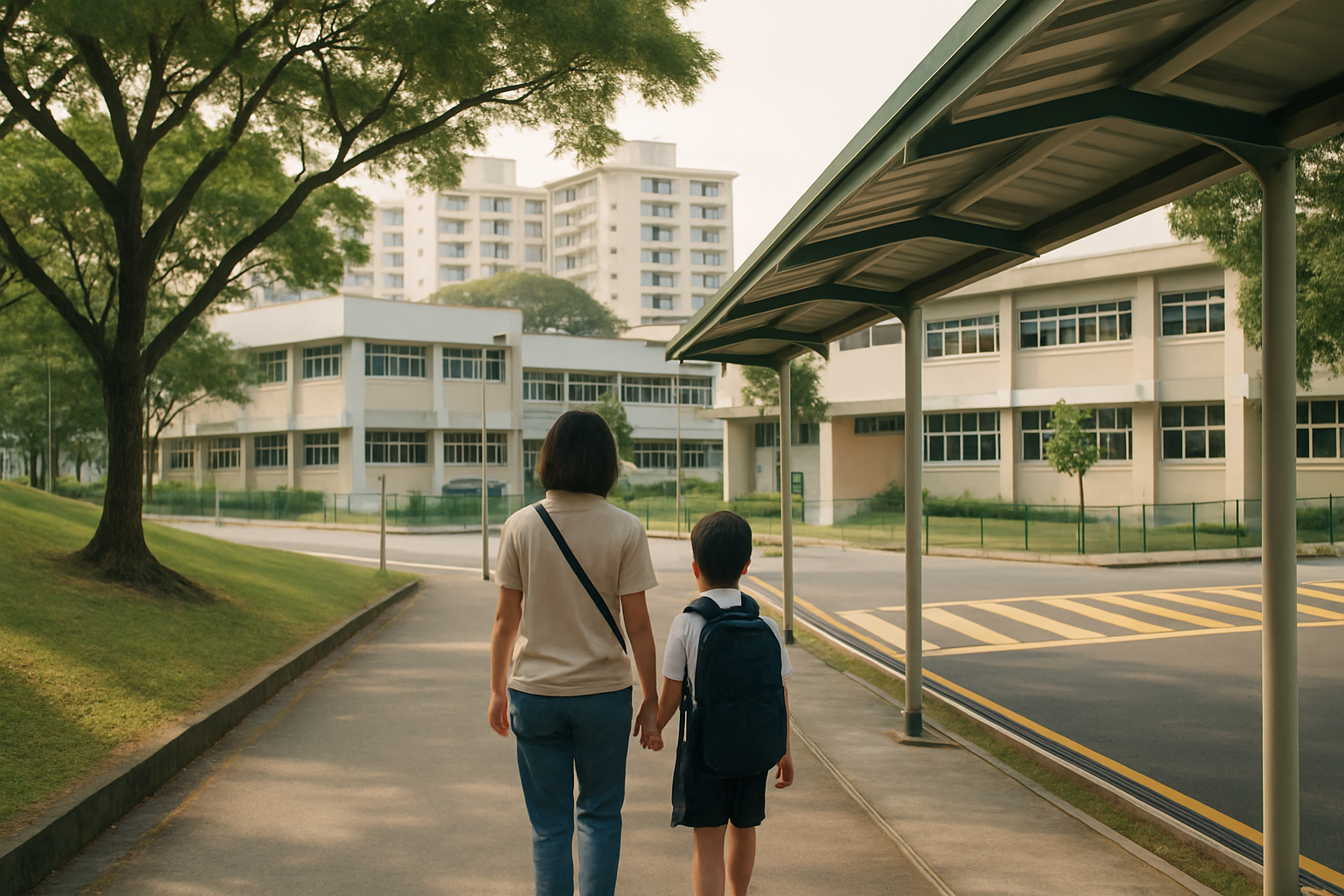 A parent and young child walking along a sheltered path toward a modern primary school in a leafy Singapore neighbourhood with apartment blocks nearby.