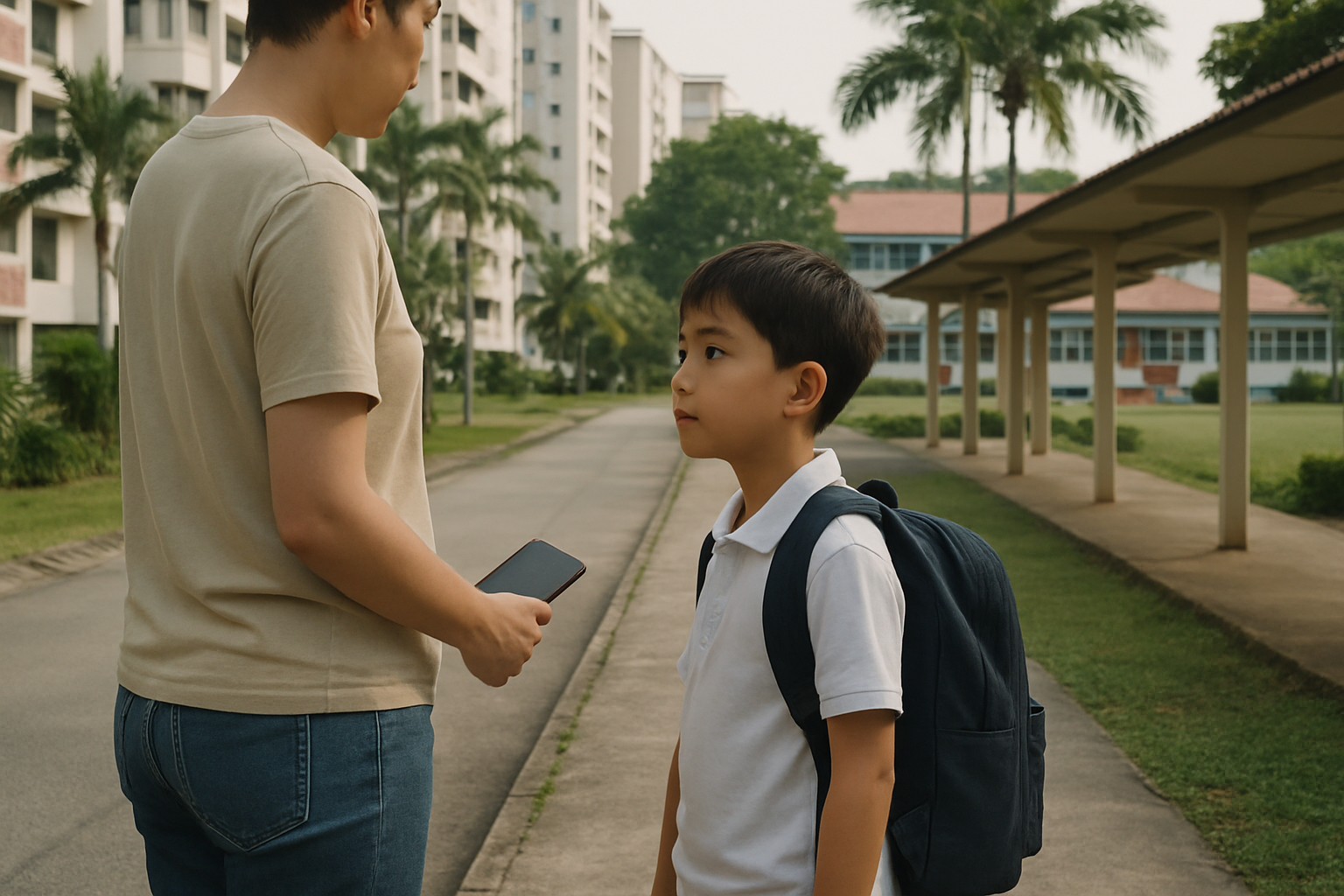 A parent and young child pause near a sheltered walkway in a Singapore neighbourhood, with a primary school building in the background and a phone held discreetly for commute planning.