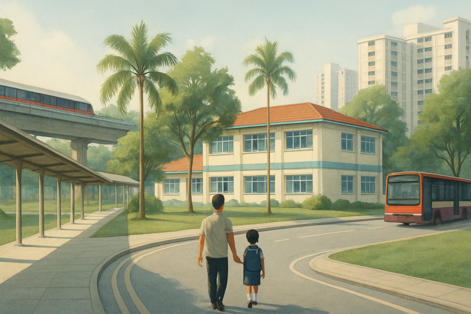 A calm Singapore neighbourhood scene with a primary school campus, a parent walking a child along sheltered walkways, and nearby MRT and bus transport cues.