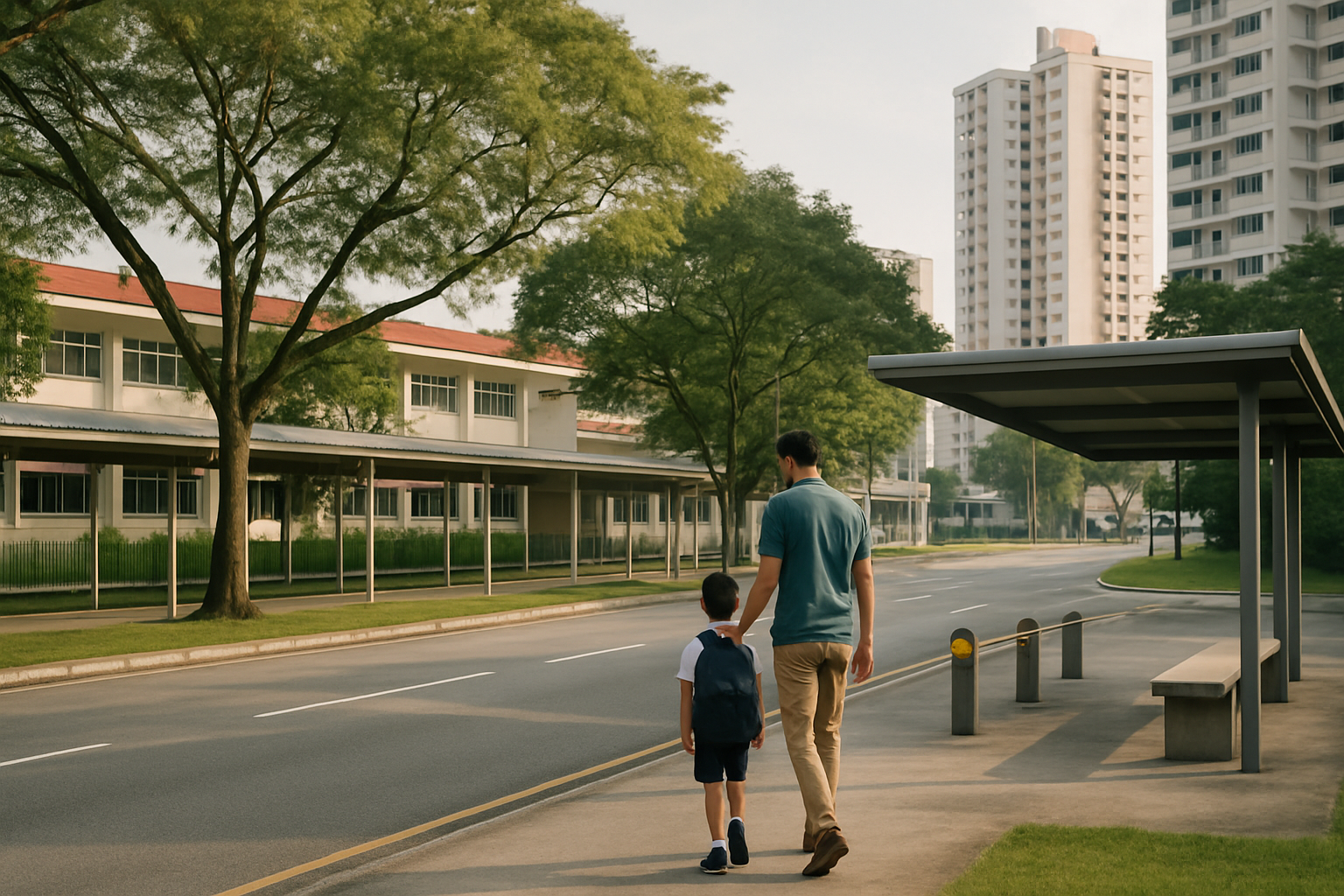 A parent and young child walking along a sheltered path toward a primary school in a Singapore housing estate, with nearby apartment blocks, trees, and a bus stop.