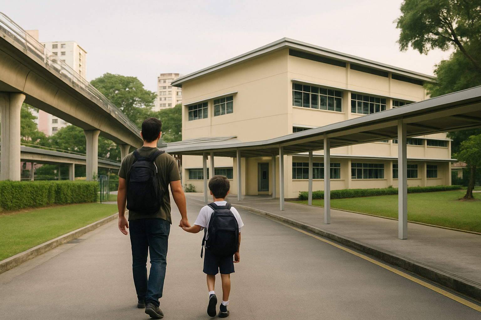 Morning view of a Singapore primary school campus in a Bukit Panjang neighbourhood, with a parent and child walking along a sheltered path and light rail tracks in the background.