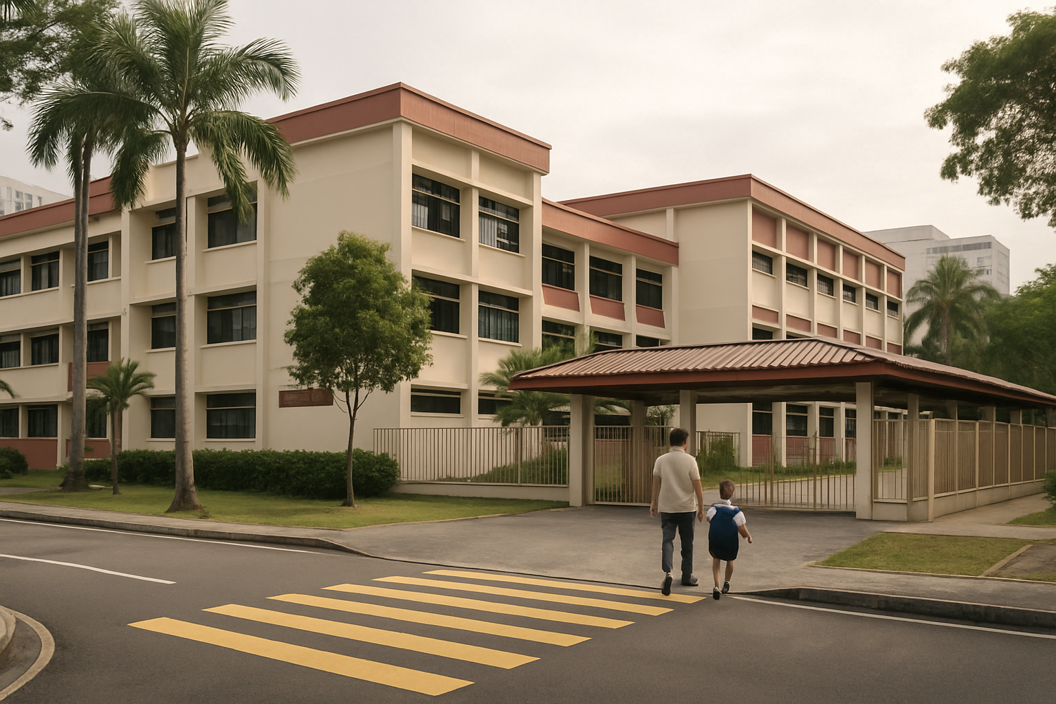 A parent and young child walk along a sheltered path toward a Singapore primary school campus with trees and a pedestrian crossing in the foreground.